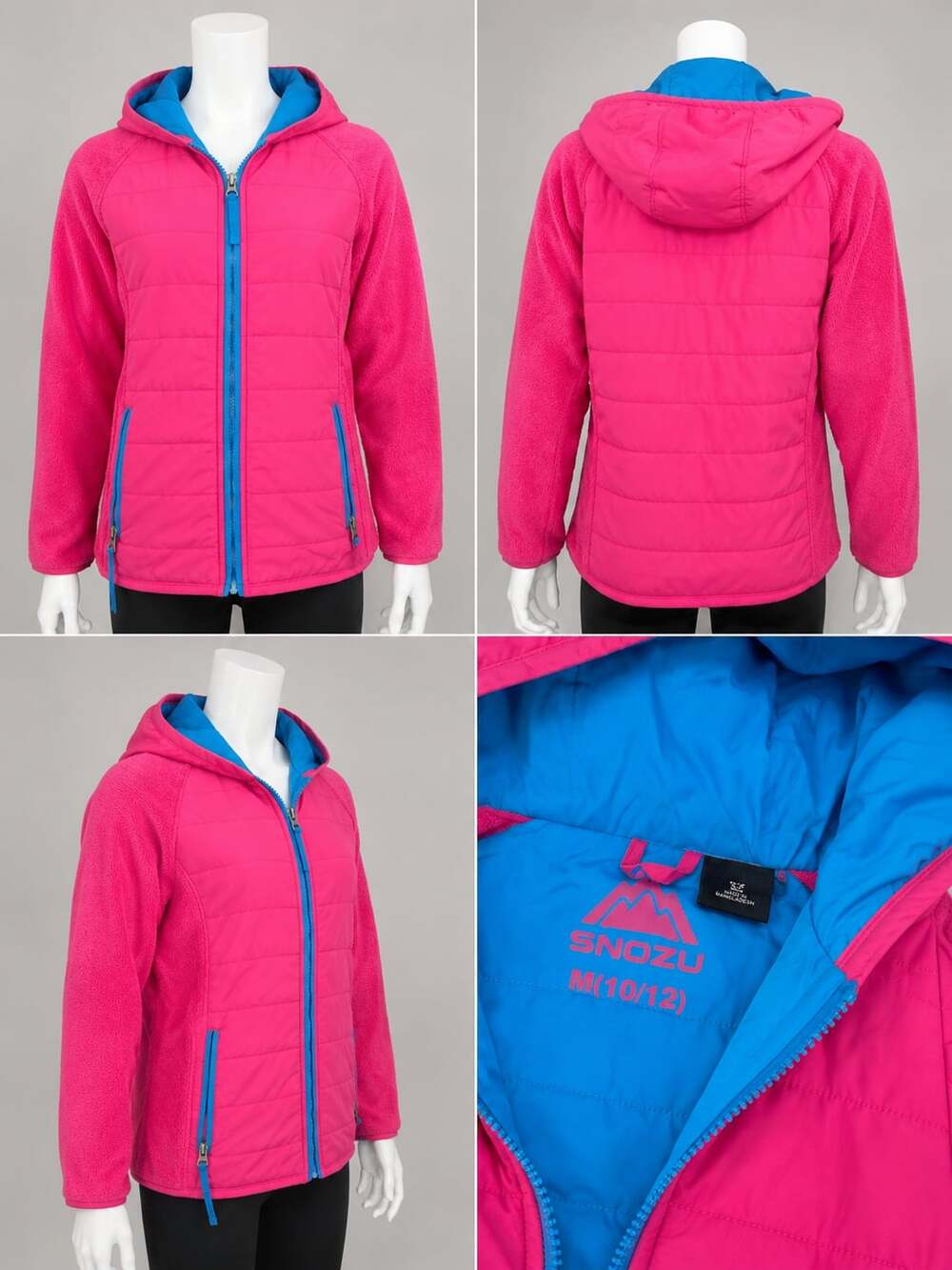 Snozu Girls Quilted Fleece Hooded Jacket Pink/Blue Size M (10/12)